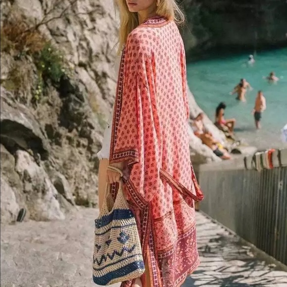 Teal Boho Kimono Floral Gypsy Print Maxi CoverUp - Picture 9 of 15